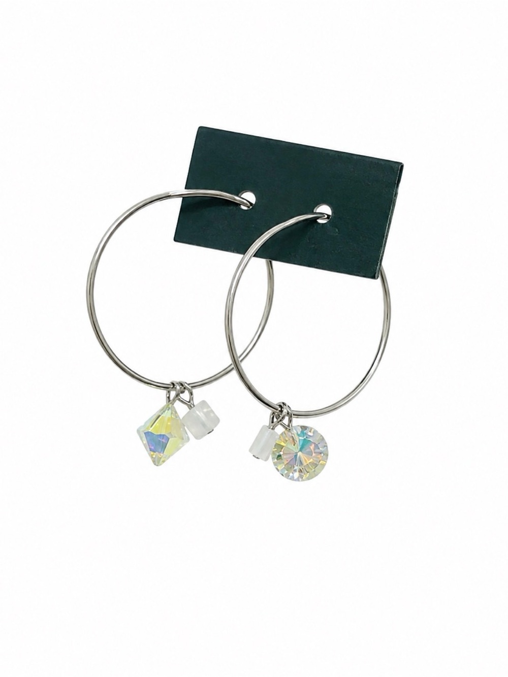 Silver Hoop Earrings with Iridescent Crystal Charms